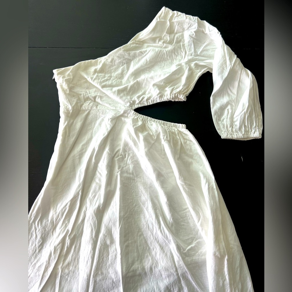 Linen Blend, One Shoulder, Side Cut-Out White Dress.